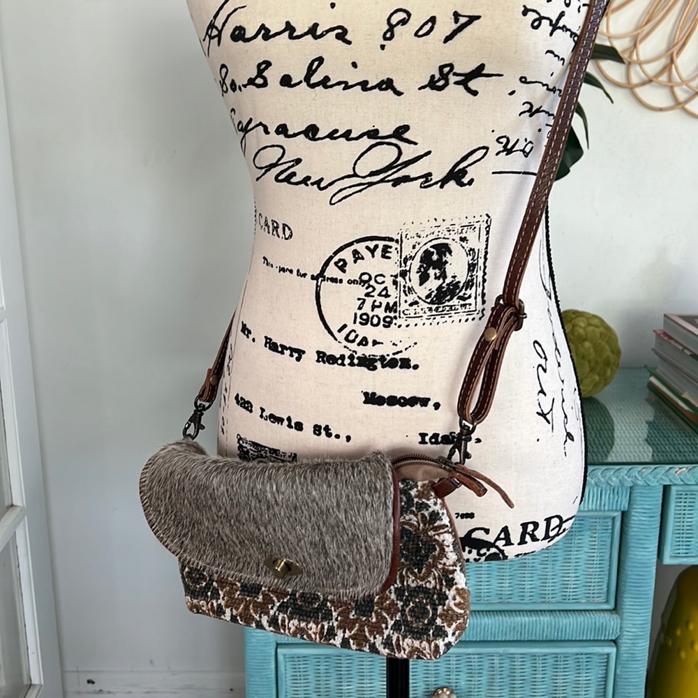 Myra Bag Serious Humour  & Crossbody Bag Upcycled Canvas, Rug, Leather & Cowhide